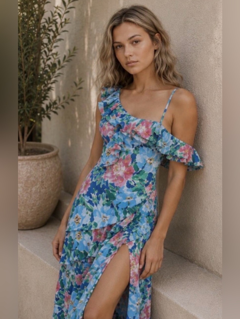 Lulus Blue Pink Watercolor Floral One Shoulder Midi Dress Small NWT Ruffle Slit